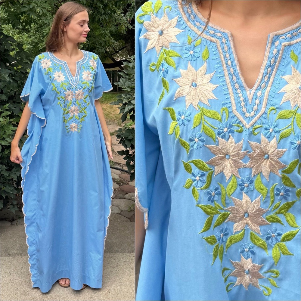 Vintage 1970s Embroidered Kaftan Floral Beach Resort Mexican 70s Cotton Caftan